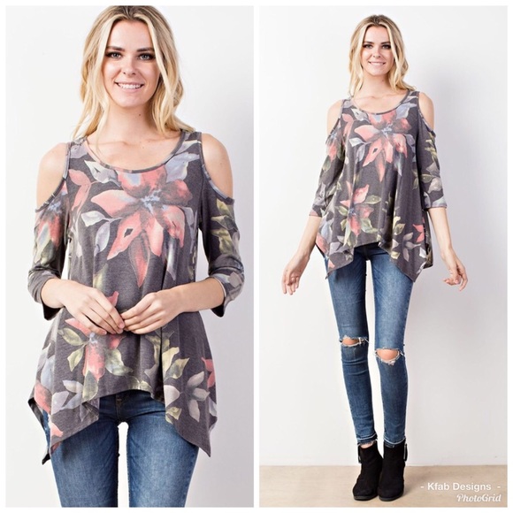 🥰LAST 3! Cold Shoulder Floral Uneven Hem Top! - Picture 2 of 3